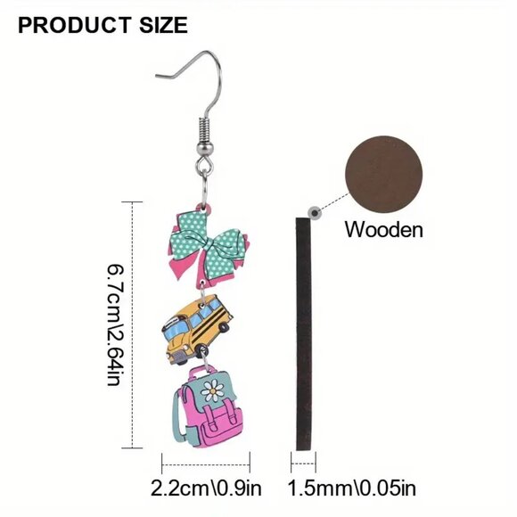 (5/$25‎ SALE ✅) 2D Theme Wooden Ear Art School Bus Backpack Dangle Drop Earrings - Picture 2 of 6